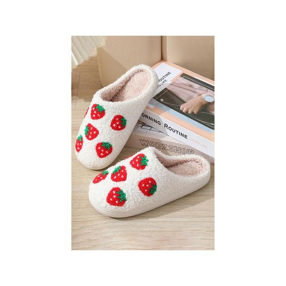 Azura Exchange  Bright White Cute Fuzzy Strawberry Pattern Home Slippers - Picture 3 of 8